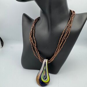 Lampwork Art Glass Teardrop Pendant Copper Seed Beads Multi-Strand Boho Necklace